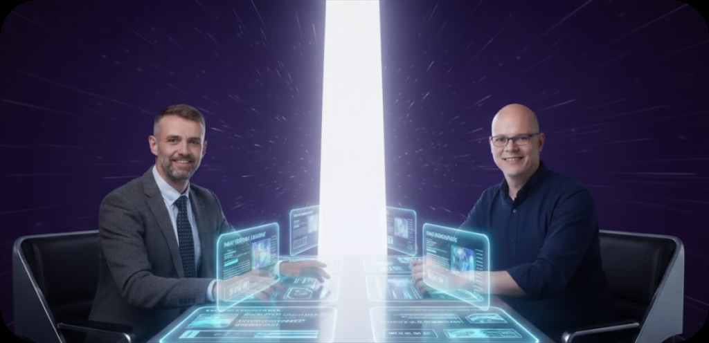 Two team members collaborating at a desk with holographic interfaces