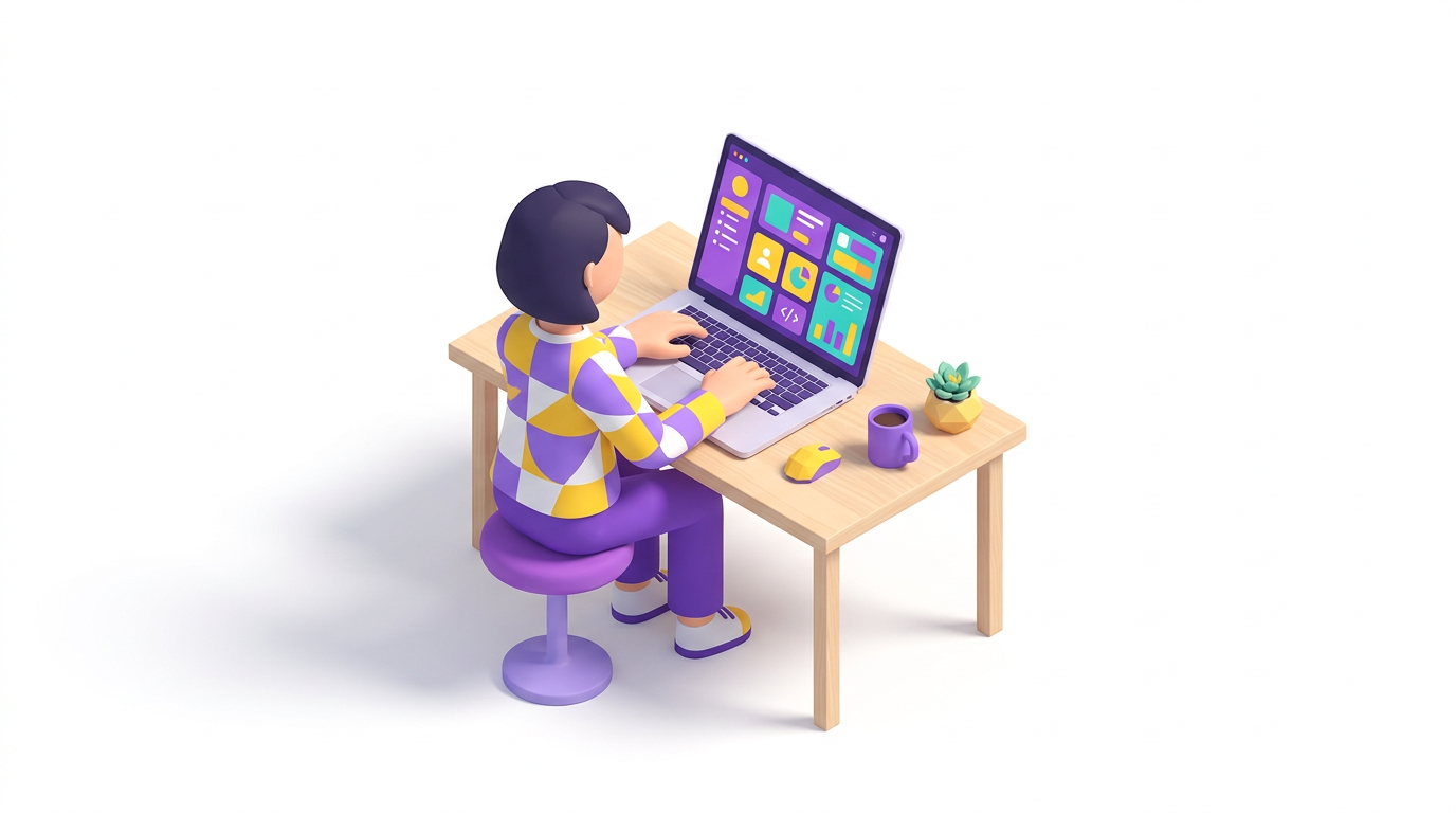 Stylised isometric illustration of a team member at work