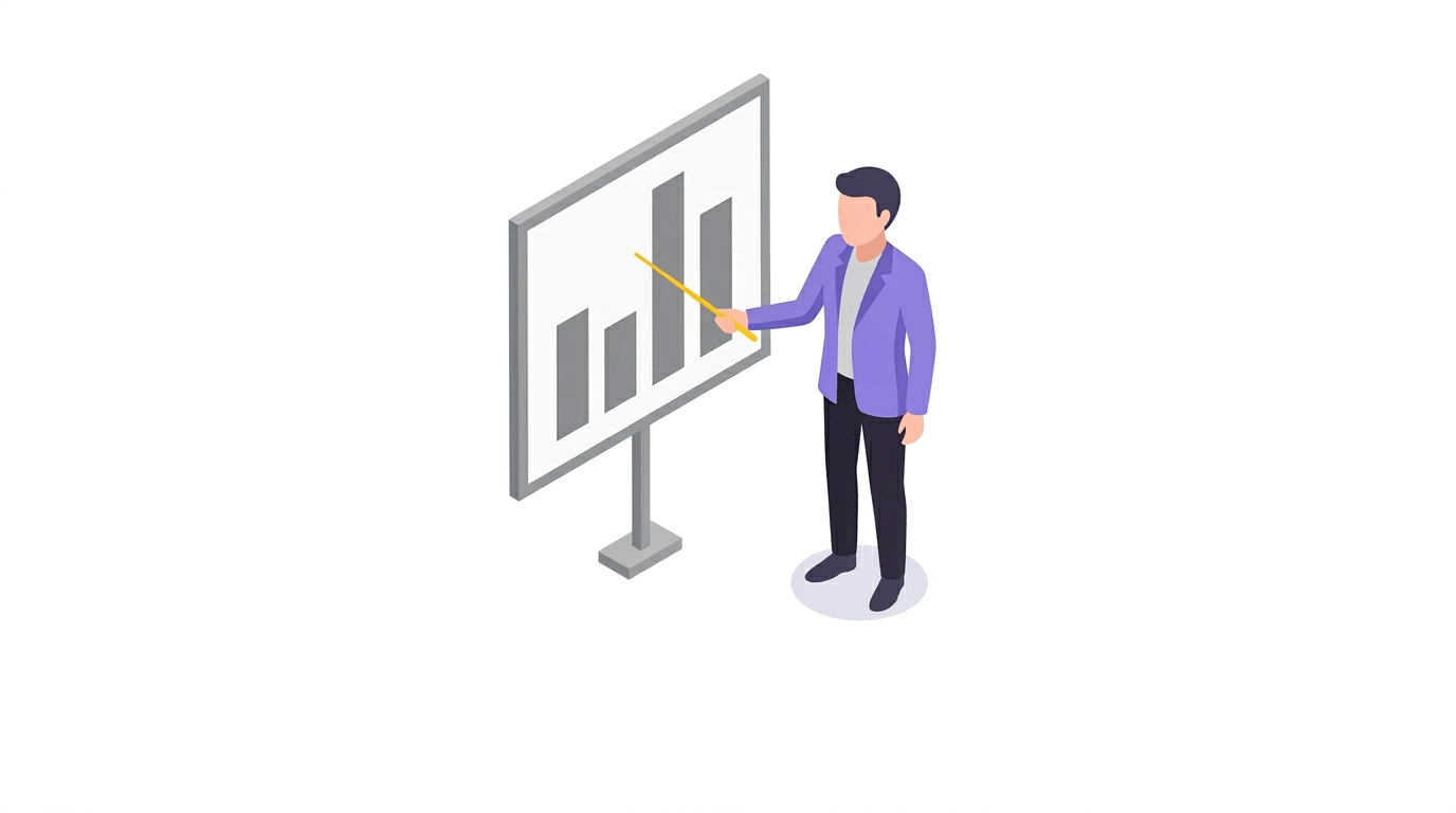 Stylised isometric illustration of a team member presenting