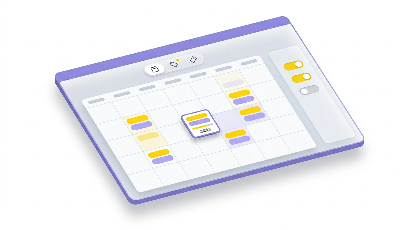 Illustration of a month calendar with bookings on days, slot and capacity detail on a selected day, and events, offers, and activities controls
