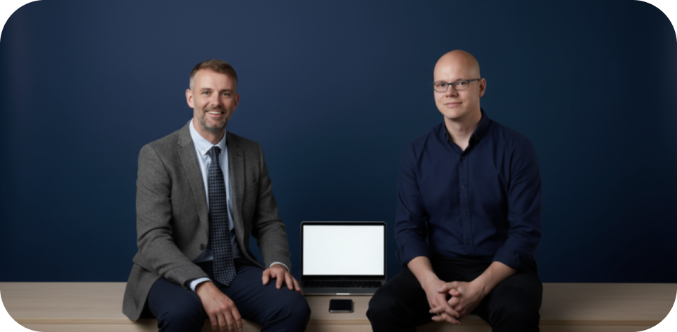 Two team members at a desk with a laptop and smartphone