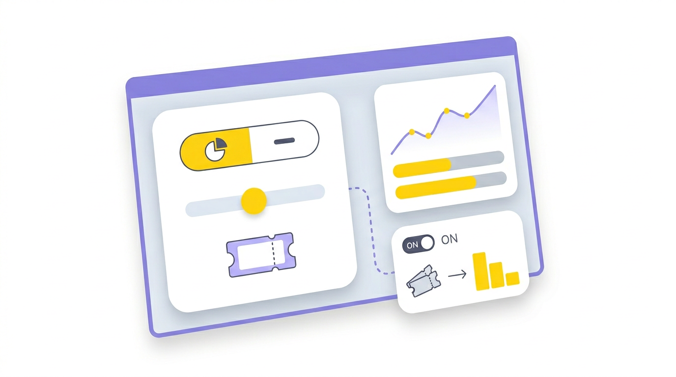 Illustration of easy discount setup, optional rule-based discounts, and simple impact metrics