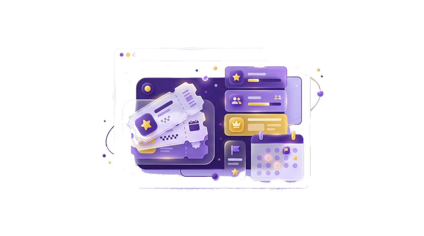 Illustration of event ticketing and attendee tools in a glassy UI