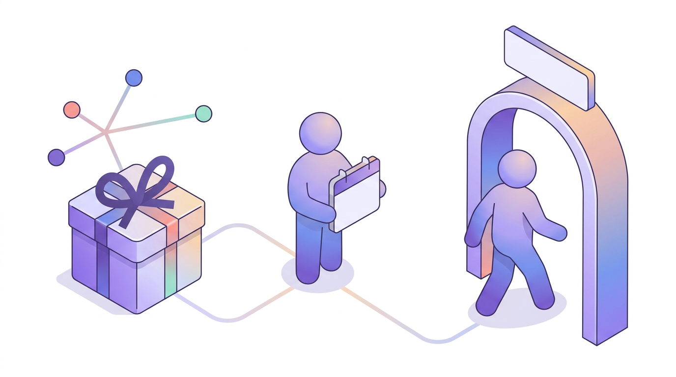 Gift to recipient with calendar, then entering a booking doorway, with new-audience nodes