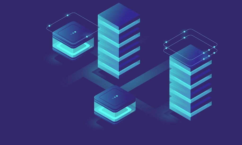 Isometric illustration of connected data stacks representing integrations and APIs