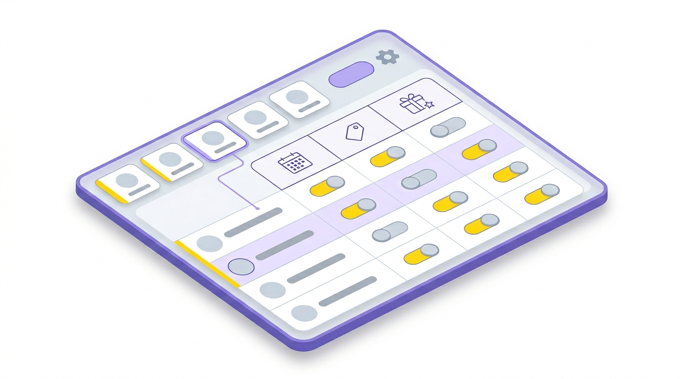 Illustration of a member roster and per-member toggles for bookings, offers, and benefits access