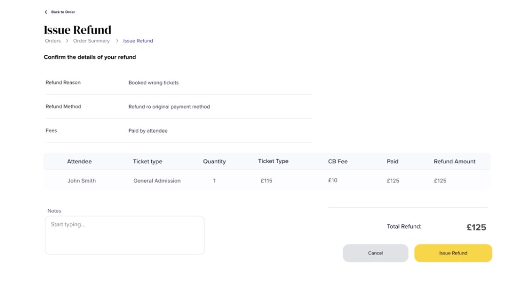 Issue Refund screen with refund details, attendee amounts, notes, and total refund