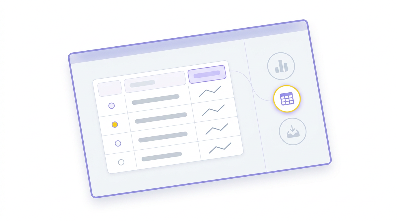 Illustration of a clean structured table beside three simple modes—chart, table, export—with no expert tooling